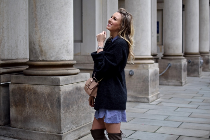 knitted xxl sweater, cluse watch, blue shirt