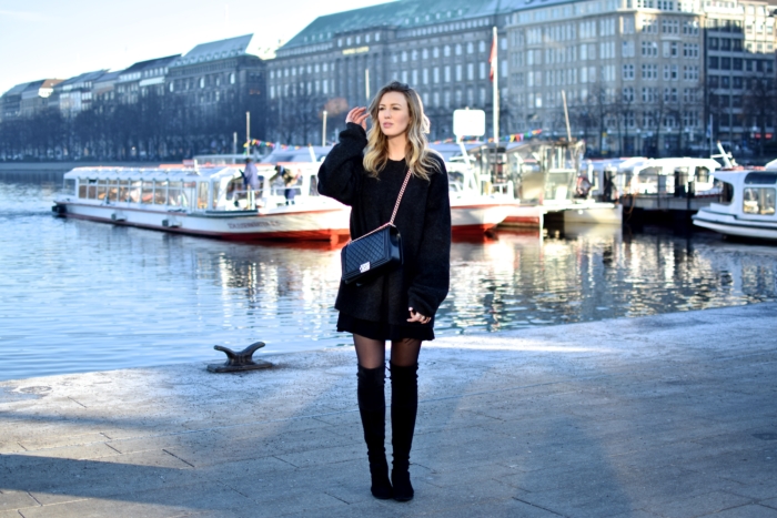 oversized black sweater, mini skirt, black overknee boots, chanel bag