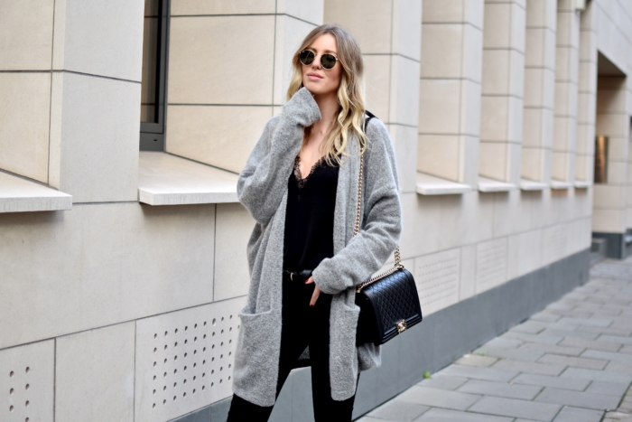 grey oversize cardigan, black lace top, black Chanel bag