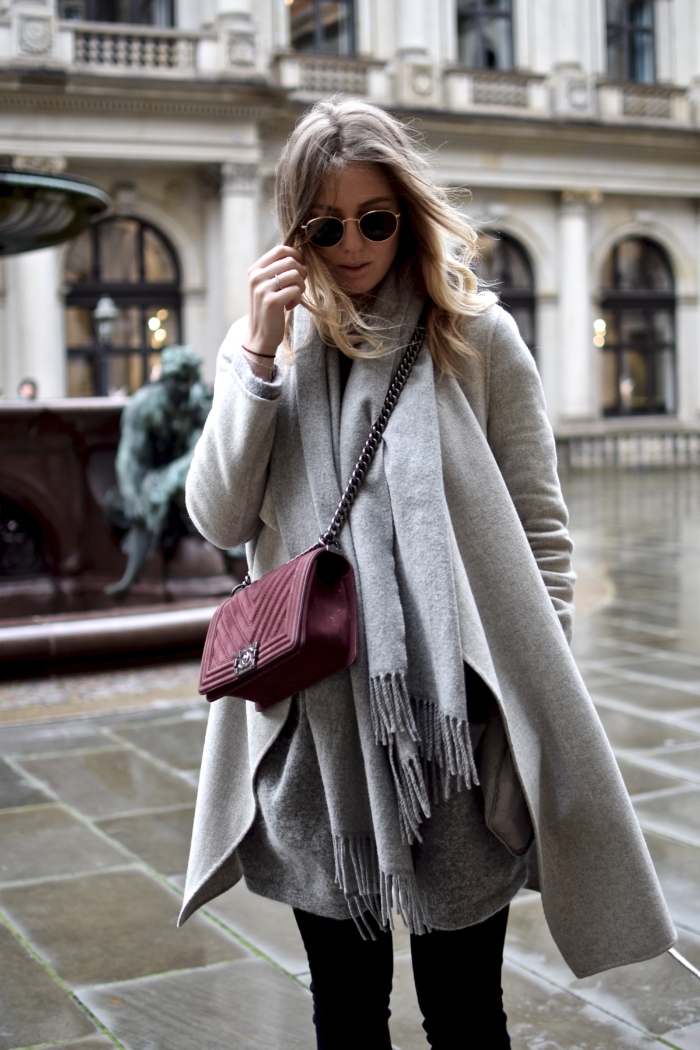 grey scarf, wool coat, Chanel bag