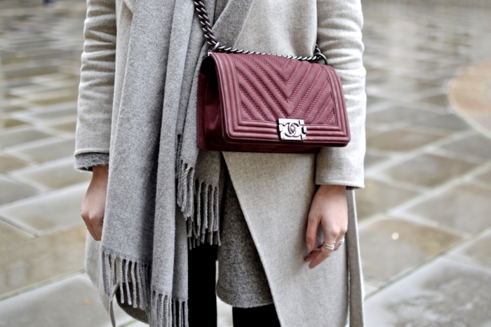 Chanel boy bag, details, light gray coat, scarf