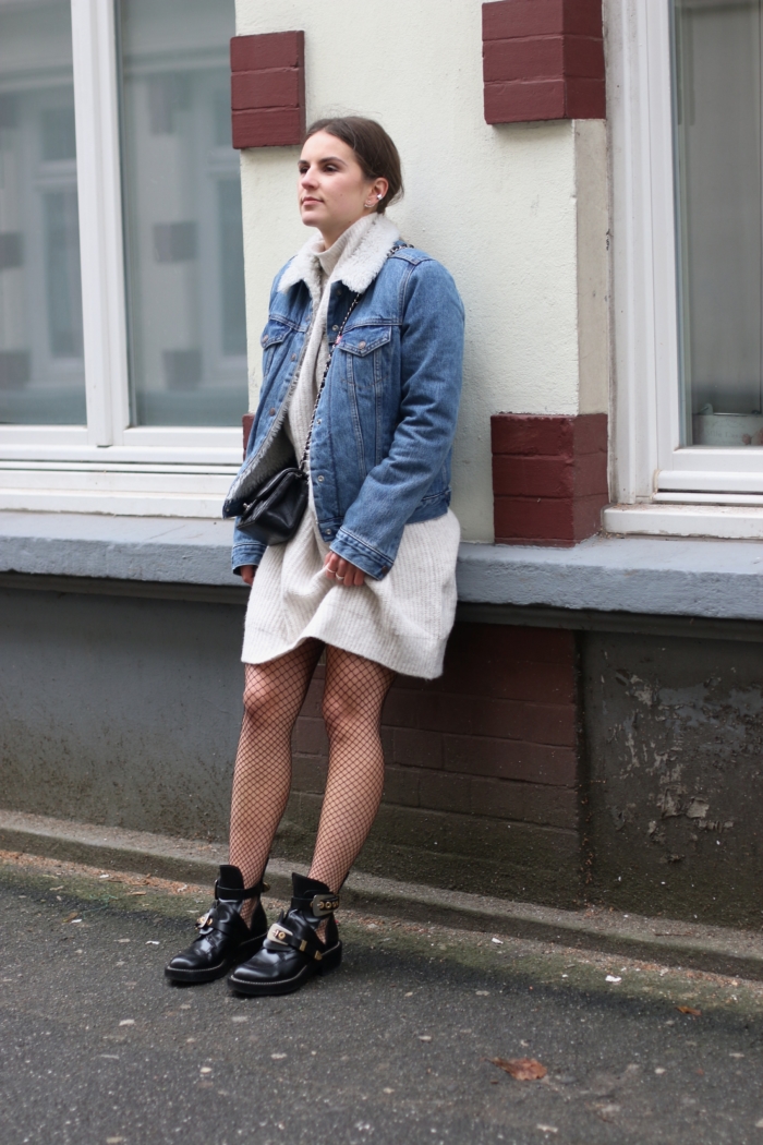 jeans jacket, beige dress, tights, black ankle boots