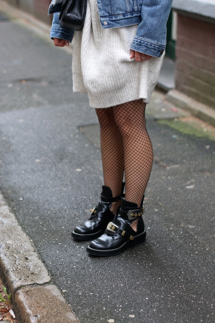 Balenciaga Ceinture Boots, fishnet tights, knit dress