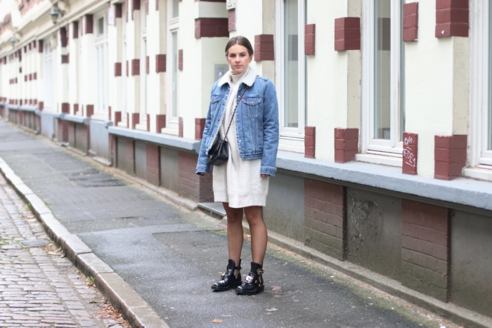 jeans jacket, knit dress, fishnet tights, boots