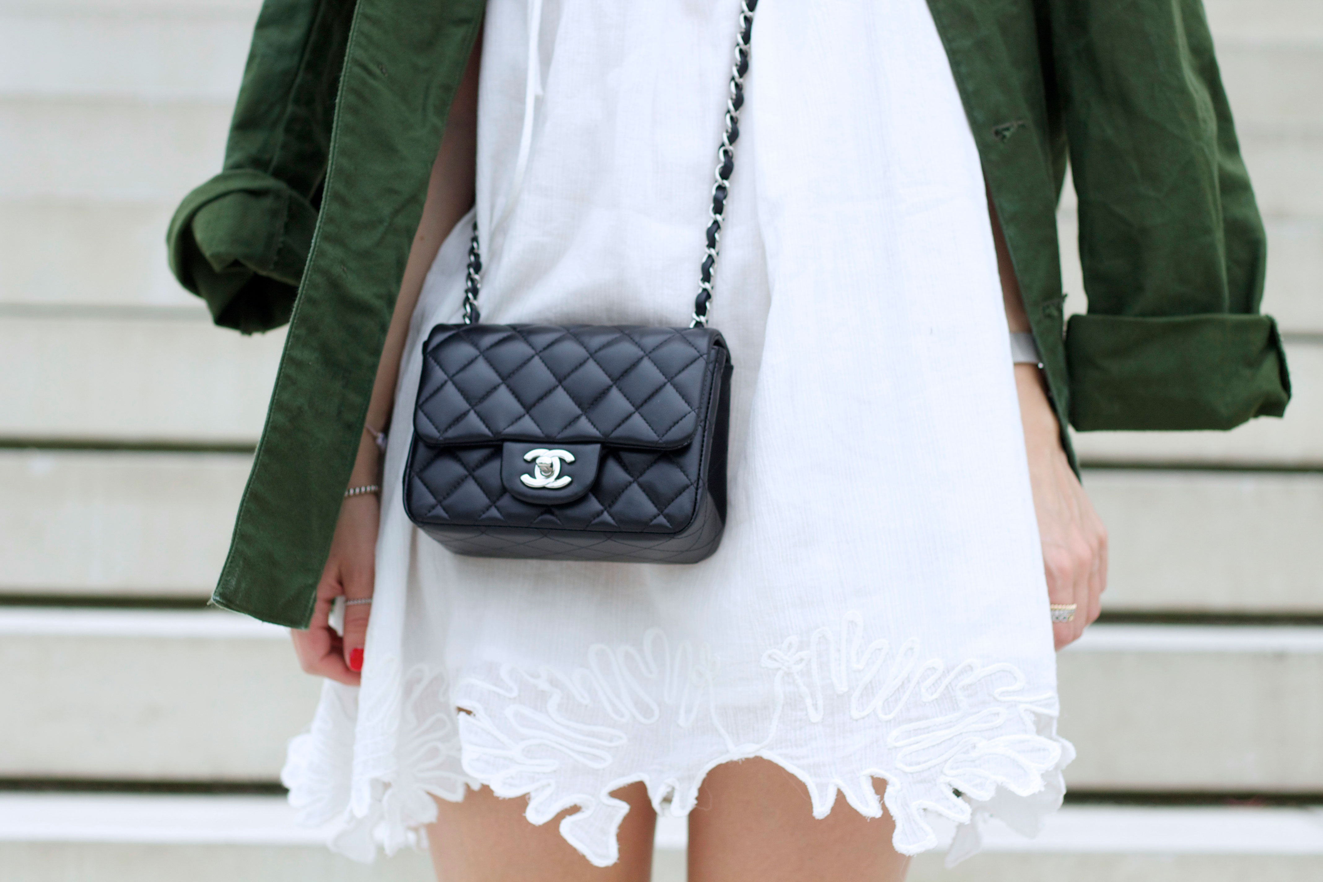 Details, White dress, Bag, Camo Coat