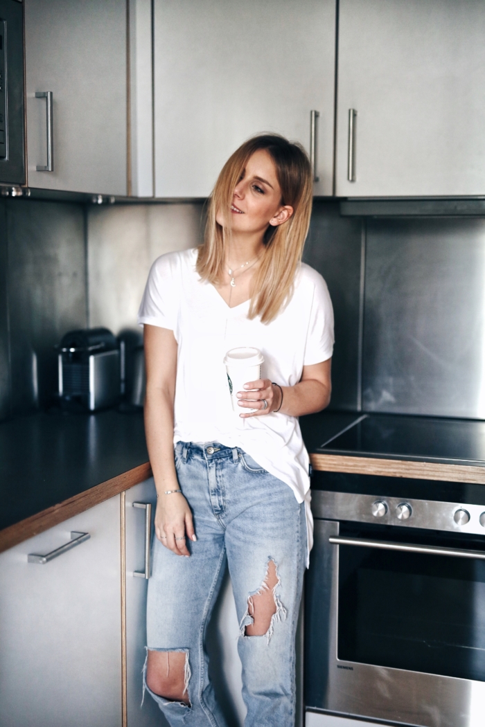 apartment, kitchen, white shirt, jeans