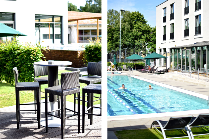 Collage, Außenbereich, Fitnessstudio, Pool, Gartenmöbel, Sonne