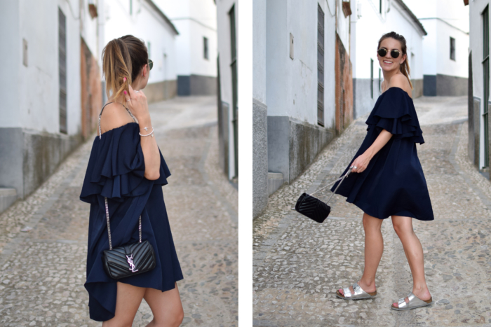 off shoulder dress blue