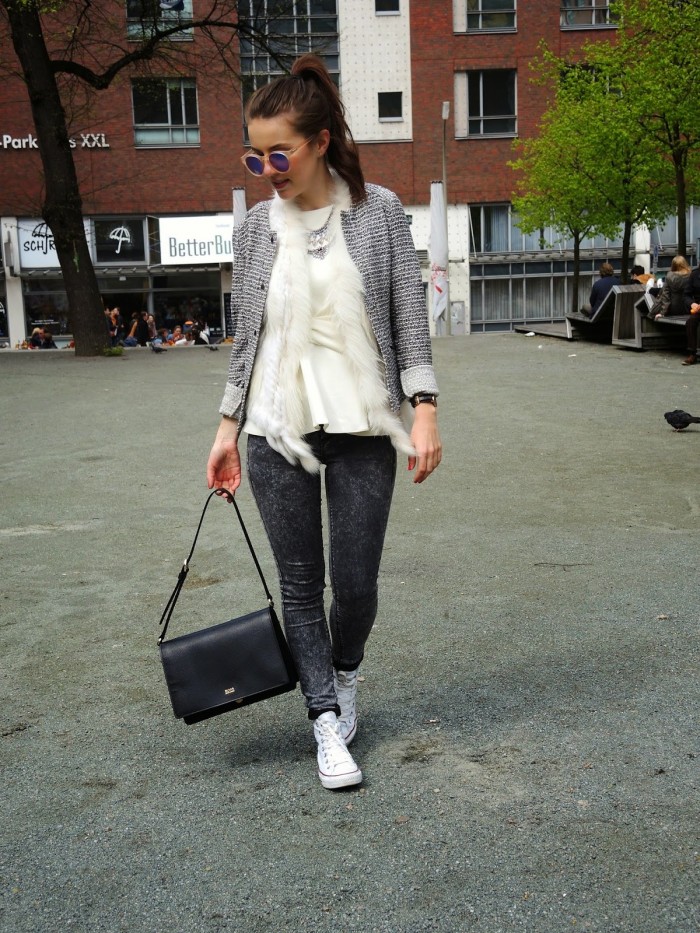 Grey Jacket by Primark, white West by Kleidoo, white Top by Asos, grey Pants by TopShop and Shoes by Converse