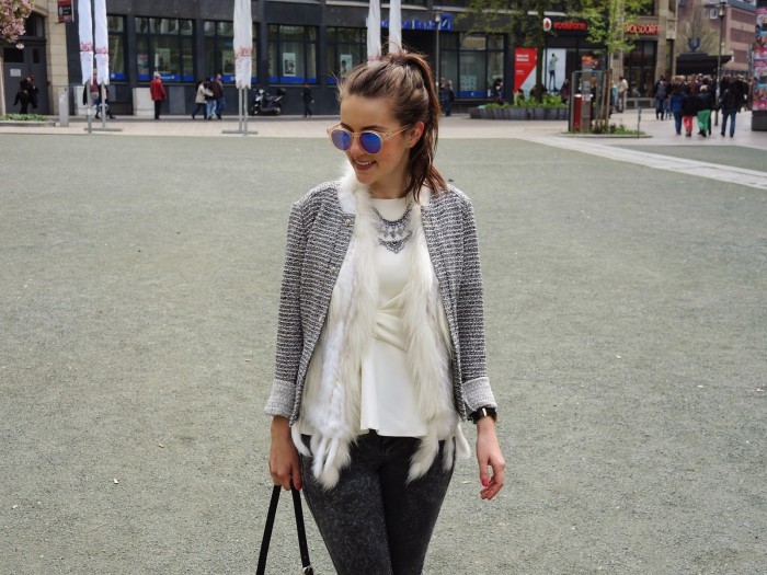 Grey Jacket with white West and Top and grey Pants