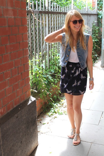 Jeans Vest by H&M and darkblue skirt with birds by Zara