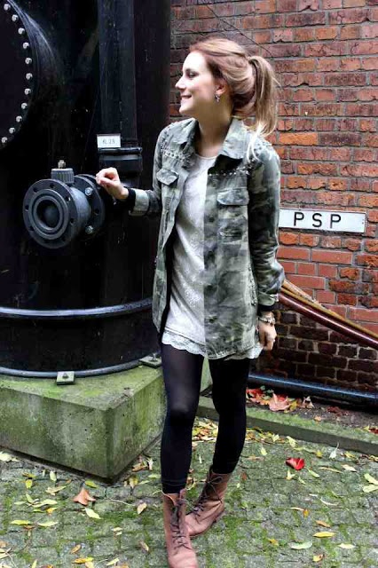 Camouflageprint Jacke von zara zu Spitzenkleid von H&M