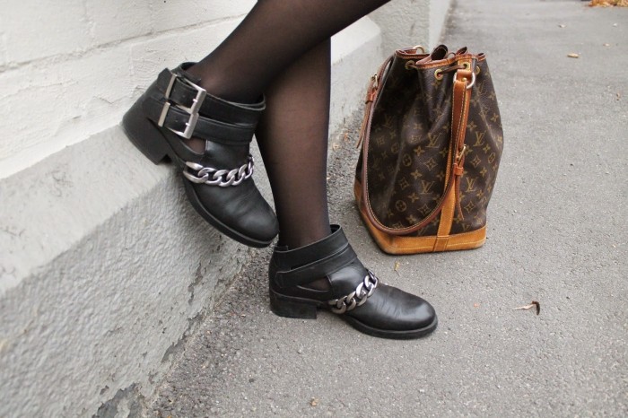 Schwarze Schuhe von Zara und braune Tasche von Louis Vuitton