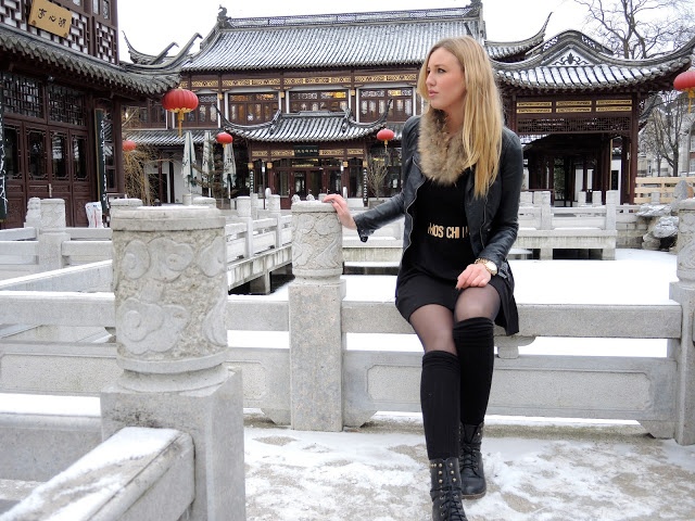 Black dress and black overknees by H&M