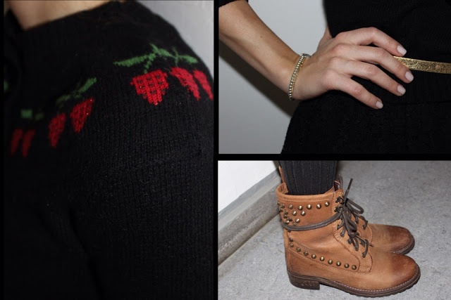Black pullover with strawberries by Urban Outfitters and brown boots by Via Roma