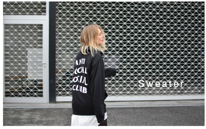 black sweater, anti social club print