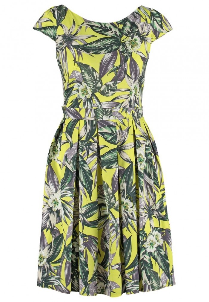 Blumenkleid Palmenprint gelb