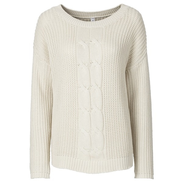 rundhals pullover strick beige zopfmuster