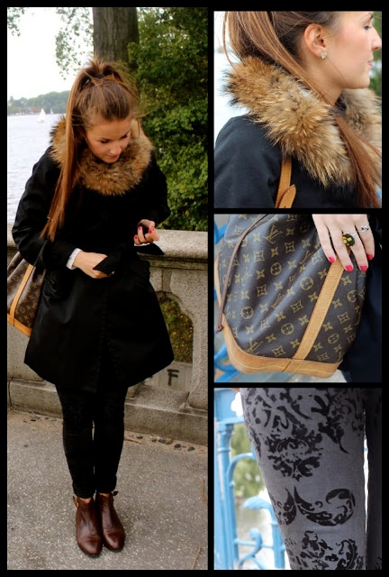 schwarzer trenchcoat von H&m und pelz von vintage